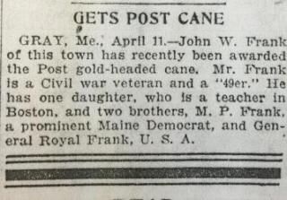 From the Boston Post. Mon., Apr. 12, 1920. Pg. 9. [Re: The Town of Gray's Boston Post Cane.]